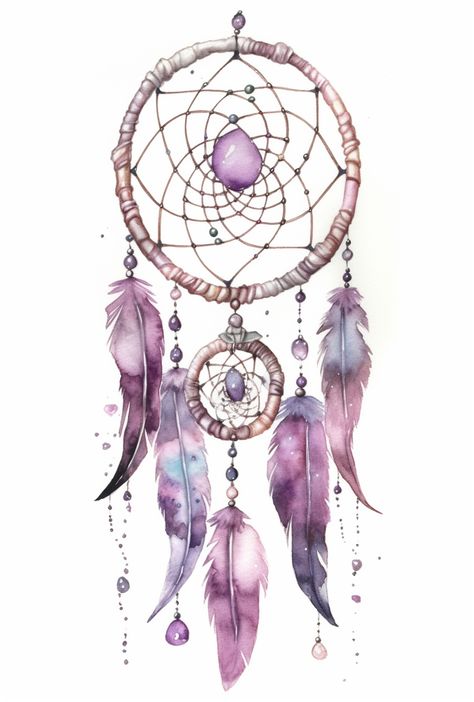 Dreamcatcher Painting, Dreamcatcher Illustration, Watercolor Dreamcatcher Tattoo, Dream Catcher Painting, Dream Catcher Drawing Colorful, Dream Catcher Drawing, Purple Dream Catcher Wallpaper, Native American Feathers, Dream Catcher Tattoo