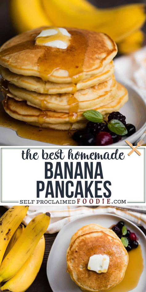 Homemade Banana Pancakes made from scratch with mashed ripe banana, walnuts, and buttermilk are fluffy and moist with a crisp golden brown outside. #bananapancakes #recipe #moist #buttermilk Homemade Banana Pancakes, Buttermilk Recipe, Homemade Pancakes Fluffy, Food Pancakes, Easy Banana Pancakes, Banana Pancakes Recipe, Breakfast Goodies, Family Breakfast, Homemade Pancakes