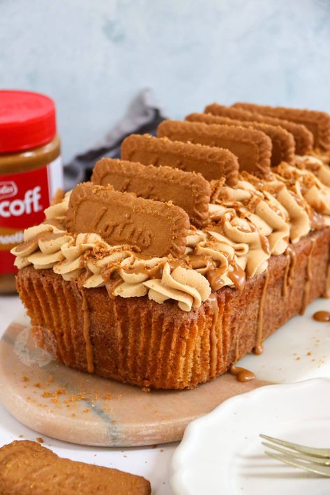 A lightly spiced loaf cake topped with a biscoff buttercream frosting, and even more biscoff on top for the best biscoff loaf cake ever. Smores Loaf Cake, Biscoff Breakfast Recipes, Jane’s Patisserie, South African Cake Recipes, Biscoff Loaf Cake, Biscoff Coffee Cake, Loaf Cake Flavours, Biscoff Pie Recipes, Holiday Loaf Cakes