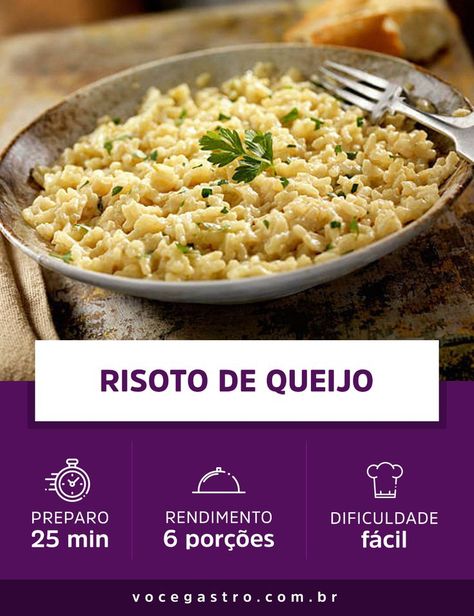 Risoto é um prato típico da culinária italiana, super prático de fazer e que não precisa de outros acompanhamentos. Fica super bem servido em um jantar, ou em um almoço leve. Além do que, não será preciso sujar muita louça, basta uma panela e a mágica acontece. Confere aqui então uma receita de risoto de queijo que é ainda mais simples de preparar e muito mais rápido. Macaroni, Macaroni And Cheese, Cheese, Ethnic Recipes, Macaroni Cheese