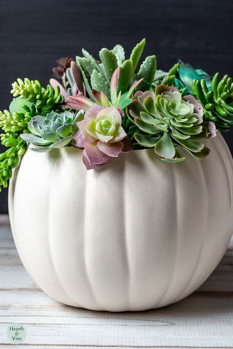 Easy to care for this succulent pumpkin tutorial will show you how to create a pretty arrangement of fake succulents in a foam pumpkin. Great for your fall decor and makes a nice Thanksgiving centerpiece too. Fake Succulents Decor, Tall Succulents, Pumpkin Tutorial, Types Of Pumpkins, Succulent Centerpiece, Succulent Pumpkin, Pumpkin Planter, Succulent Cuttings, Succulent Centerpieces