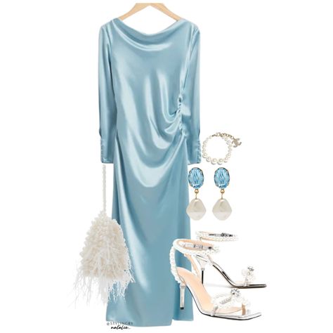 Wedding Ootd, Baby Blue Dresses, Pearl Accessories, Pearl Dress, Light Blue Dresses, Church Outfits, Necklines For Dresses, Wedding Wear, Wedding Guest Outfit