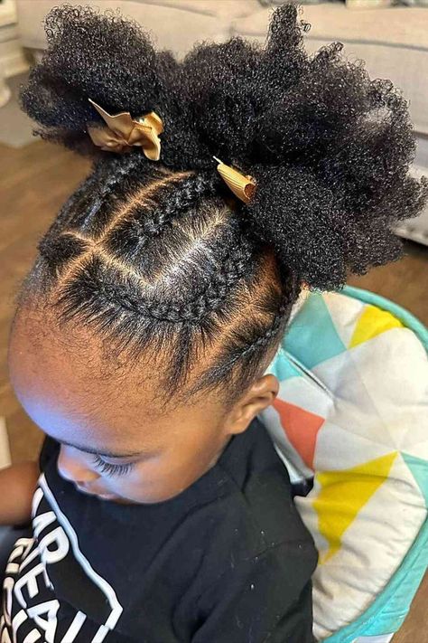 Cute Braided Updo with Double Afro Puffs and Golden Bows for Black Girls Baby Girl Hairstyles Curly, Easy Hairstyles For Kids, Kid Hair, Kid Hairstyles, Lil Girl Hairstyles, Toddler Hairstyles, Hair Puff, Cute Simple Hairstyles, Toddler Hairstyles Girl