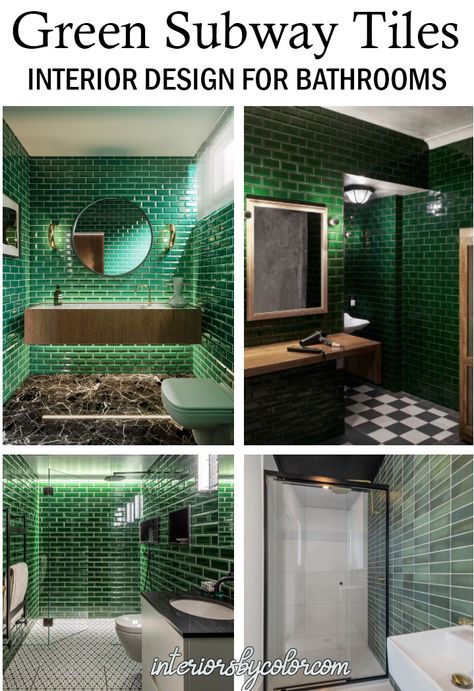 Green Subway Tiles Bathroom - Interiors By Color Tile Color Palette, Green Bathrooms, Green Bathroom Interior, Green Subway Tile, Green Tile Bathroom, Subway Tile Showers, White Marble Bathrooms, Subway Tiles Bathroom, Interior Decorating Ideas