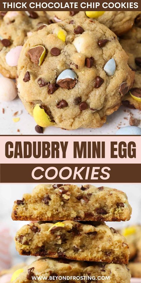 Elevate your Easter dessert spread with these decadent Cadbury Chocolate Chip Cookies. Renowned for their thickness and soft texture, these colorful cookies are irresistible. Once you bake a batch, rest assured there won’t be a single crumb left. Cadbury Chocolate Chip Cookies, Mini Egg Desserts, Chocolate Spring Desserts, Cadbury Egg Cookies, Easter Chocolate Chip Cookies, Mini Egg Cookies, Jumbo Cookies, Summertime Desserts, Beyond Frosting