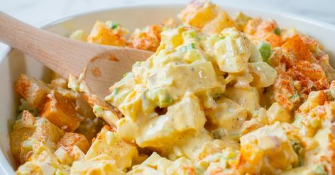 Deviled Egg Potato Salad?utm_source=12tomatoes Creamy Potato Salad Recipe, Red Skin Potato Salad, Peaches Cream Cheese, Deviled Egg Potato Salad, Cream Cheese Rolls, Asparagus Fries, Creamy Potato Salad, Baked Asparagus, Potato Salad Recipe