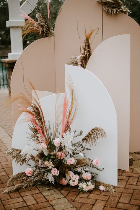 Wood panels decorated with a boho arrangement of pampas, ruscus and blush blooms. Panel Wedding Backdrop, Wedding Backdrop Arch, Backdrop Arch, Wedding Event, Wedding Backdrop, Daily Inspiration, Indiana, Florist, Bouquets