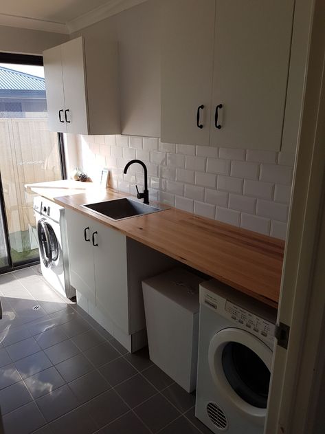 Subway Tile Splashback, Timber Benchtop, Pavilion House, Marble Benchtop, Laundry Reno, Stone Benchtop, Laundry Kitchen, Garage Laundry, Black Taps