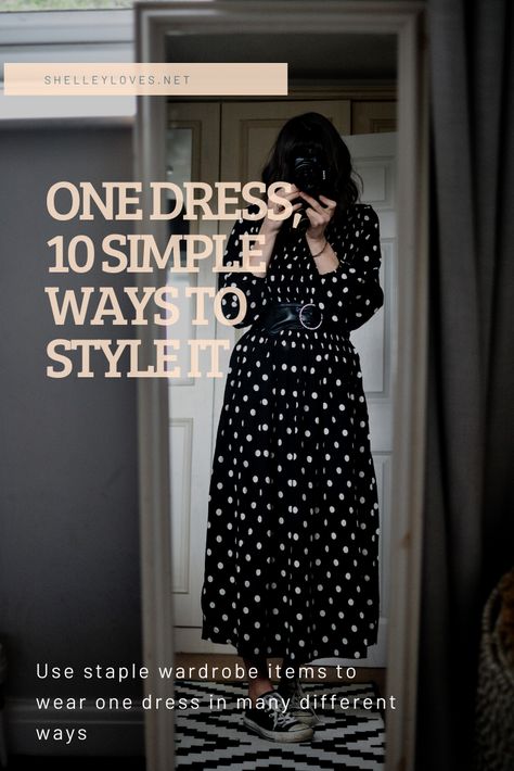 It’s so easy to style up one dress in so many different ways with items that are already in your wardrobe. This post shows you how to do this... Long Polka Dot Dress Outfit, Ways To Style A Dress, Styling A Dress, Polka Dot Dress Outfit, Dress Styling, Black Leather Biker Jacket, Winter Dress Outfits, Khaki Jacket, Women's Outfits