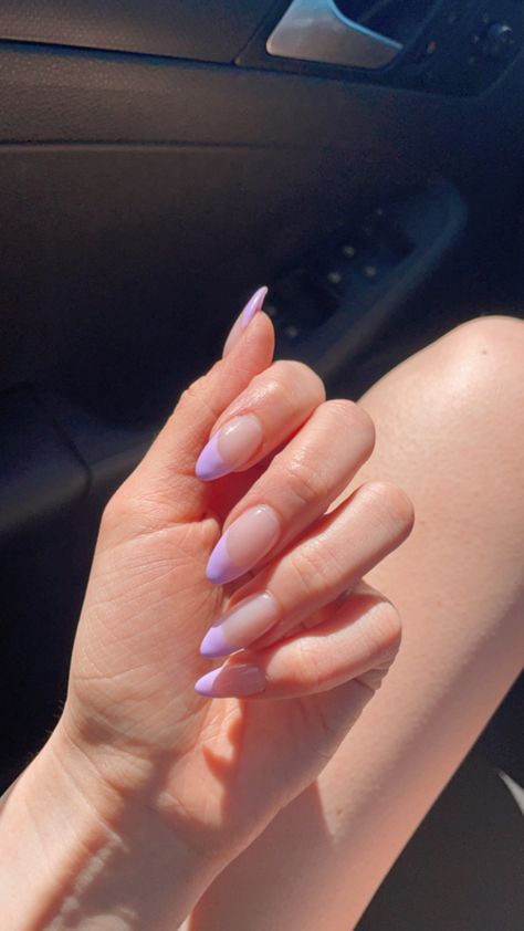 Almond Lilac French Tip Nails, Nails Acrylic Purple Almond, Purple Almond Tips, Almond Nails French Tip Purple, Purple Nails Almond Art Designs, French Tip Acrylic Nails Almond Color, Almond Purple French Tip Nails, Purple Almond French Tip Nails, Colored Tips Nails Almond