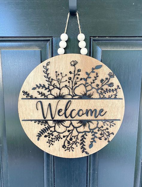 Wood Welcome Sign Entry Way Decor Floral Welcome Sign Front Door Sign Welcome Wreath Front Door Welcome Sign - Etsy Modern Round Door Sign, Welcome Home Wood Signs, Funny Wood Door Signs, 3d Welcome Sign Front Door, Wooden Welcome Signs Round, Wood Circle Welcome Sign, 3d Signs Wood, Laser Engraved Welcome Sign, Welcome Rounds For Front Door