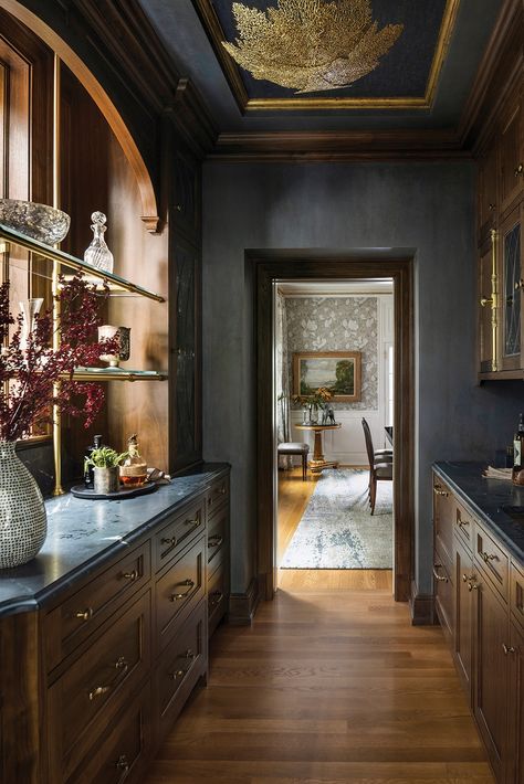 In this stately Summit Avenue home by Charlie & Co. Design, Twist Interior Design, and Anderson Reda, a gold leaf light fixture and moody color palette play into the butler’s pantry’s Old World elegance. Visit the link to see more from the refined remodel. 📸: Spacecrafting Tudor Revival Interior, Colonial Revival Interior, Georgian Revival Homes, Midwest Home, Georgian Revival, Side Entrance, Georgian Interiors, Moody Interiors, Modern Victorian