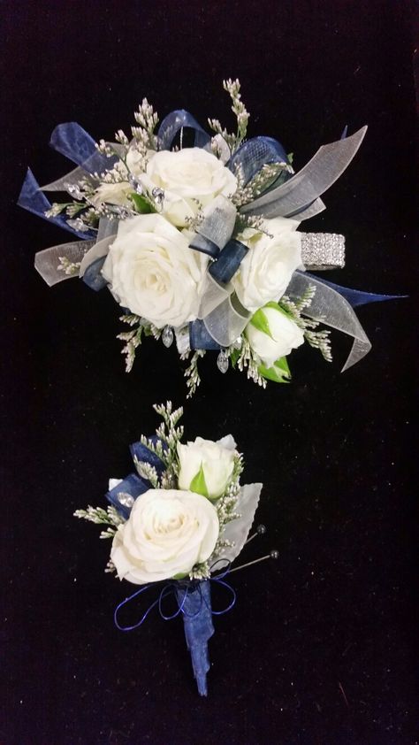 White spray roses with navy and silver accents Prom Corsage Blue, Wedding Bouquets Blue, Flowers At Wedding, Prom Flowers Corsage, Blue Corsage, White Corsage, Homecoming Flowers, Wrist Corsage Prom, Prom Corsage And Boutonniere