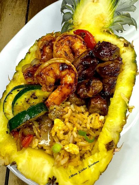 Tiffany Ketcher Kreations Pineapple Hibachi Bowls, Hibachi Bowls, Steak Shrimp, Pineapple Bowl, Steak And Shrimp, Diy Food, Diy Food Recipes, Steak, Pineapple