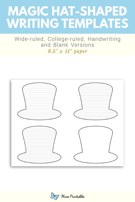 Free printable magic hat-shaped writing templates. This PDF download includes wide ruled, narrow ruled, handwriting, and blank versions. Download the templates at https://museprintables.com/download/writing-template/magic-hat-shaped/ Writing Paper Template, Handwriting Lines, Stuffed Tomatoes, Crab Stuffed, Writing Template, Lined Writing Paper, Magic Hat, Hat Day, Writing Templates