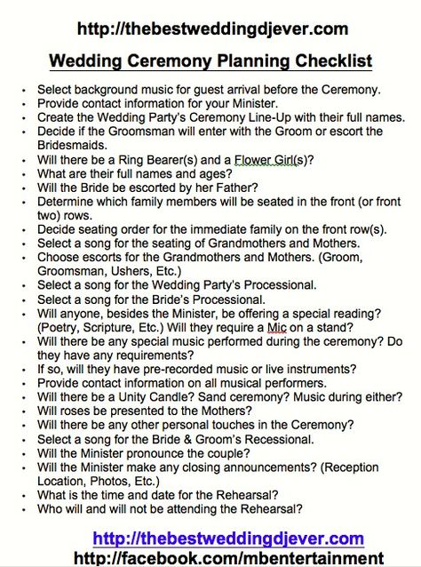 Ceremony Planning sheet Checklist - This covers EVERYTHING! Need the Best Wedding DJ Ever? Call me 954-316-2149 Wedding Ceremony Checklist, Ceremony Planning, Planning Sheet, Wedding Ceremony Ideas, Cheap Wedding Venues, Wedding Info, Planning Checklist, Wedding Planning Checklist, Wedding Checklist