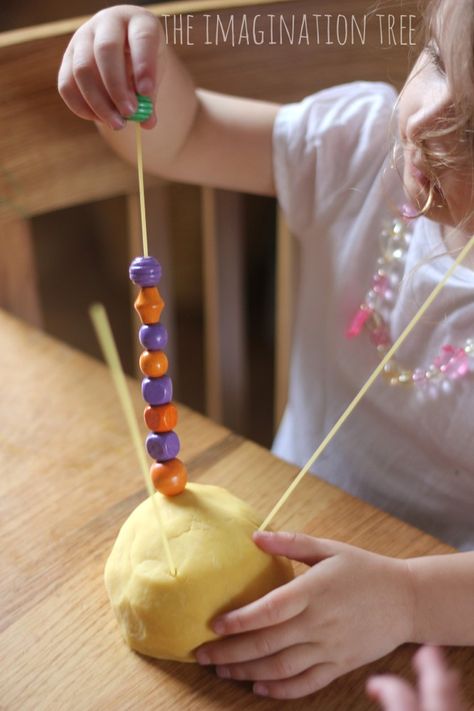 Counting and Patterning with Play Dough, Spaghetti and Beads - The Imagination Tree Funky Fingers, Imagination Tree, Eyfs Activities, Preschool Fine Motor, Fine Motor Skills Activities, Motor Skills Activities, Skills Activities, Creative Learning, Kids Learning Activities