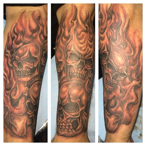 Flaming skull tattoo sleeve done by Ricky Garza in victoria tx. Got ink?  Xtremeinktattoos 2 Skulls Tattoo, Flame Tattoo Sleeve, Flame Sleeve Tattoo, Flaming Skull Tattoo, Skull Tattoo Sleeve, Flames Tattoo, Outer Forearm Tattoo, Skull Hand Tattoo, Flaming Skull