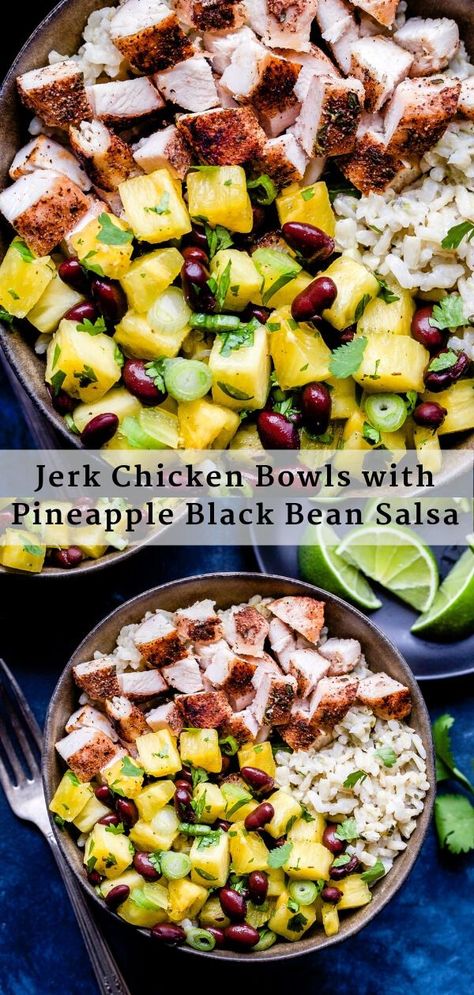 Jerk Chicken Bowls with Pineapple Black Bean Salsa are a healthy dinner that also works great for meal prep! Coconut brown rice is topped with warmly spiced chicken and the most flavorful pineapple and black bean salsa. #jerkchicken #chicken #salsa #pineapple #rice #glutenfree #dinner #mealprep Pineapple Black Bean Salsa, Coconut Brown Rice, Bean Salsa Recipe, Chicken Salsa, Pineapple Rice, Chicken Bowls, Black Bean Salsa, Healthy Bowls Recipes, Spiced Chicken