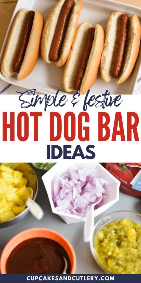 Get ready for your next summer BBQ with a Hot Dog Bar! This is such a fun and festive way to serve a big group. These Hot Dog Bar Ideas are perfect for a simple gathering  with a variety of toppings, condiments and buns. You can get creative with toppings too! Gourmet Hotdogs Bar, Chili Dog Buffet Bar Ideas, Hot Dog Bar Toppings List, 4th Of July Hotdogs, Hot Dog 4th Of July, Hot Dogs Toppings Ideas, Hot Dogs Bar Ideas, Hot Dog Condiment Bar, Hotdogs Toppings Ideas