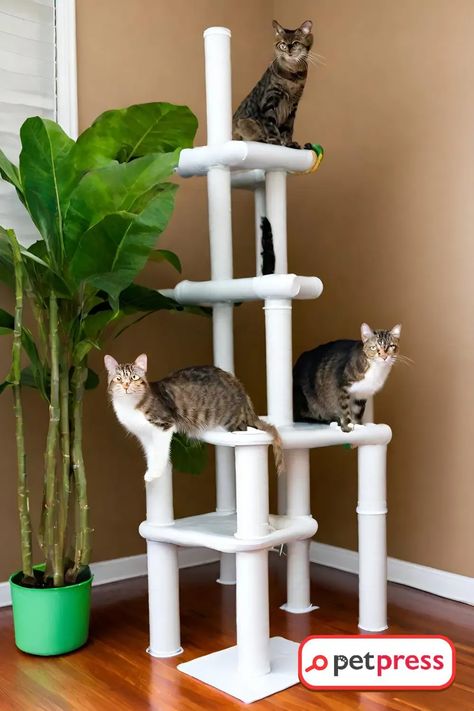 Home Made Cat Tower, Pvc Pipe Cat Tree, Pvc Cat Tower, Pvc Cat Tree, Diy Cat Scratching Post, Diy Cat Tower, Unique Playground, Diy Pet Bed, Diy Cat Tree