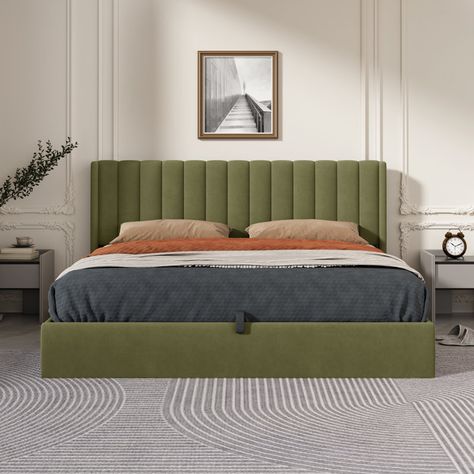 Latitude Run® Daizia Hydraulic Lift Up Storage Platform Bed & Reviews | Wayfair Upholstered Bed With Storage, Unique Nursery Decor, Green Headboard, Platform Bed Upholstered, Storage Platform Bed, Storage Platform, Platform Bed With Storage, Wingback Headboard, Green Bedding