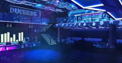 Nightclub "Duchess", ~ RaseL on ArtStation at https://www.artstation.com/artwork/gz6GE Anime Background Outside, Nightclub Background, Backgrounds Gacha, Club Design Interior, Background Outside, Disco Background, Anime Club, Background Landscape, Episode Interactive Backgrounds