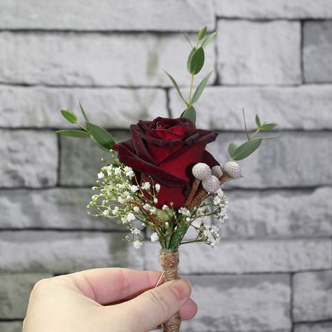 Boutineer Ideas Burgundy, Maroon Boutonniere Wedding, Cabernet Boutonniere, Burgandy Boutinere Ideas Groomsmen, Dark Red Boutonniere, Maroon Corsage And Boutonniere, Maroon Boutonniere, Dark Red Corsage, Boutineer Ideas Wedding