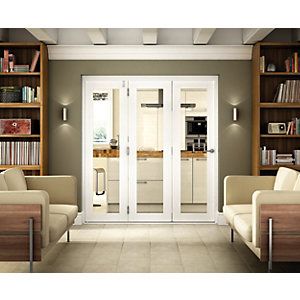 Wickes Belgrave White Fully Glazed Hardwood 1 Lite Internal Bi-Fold 3 Door Set - 2074mm x 2390mm Bifold Door Ideas, Bi Fold Doors Internal, Wooden Bifold Doors, Wooden Patio Doors, Internal Glass Doors, Internal Sliding Doors, Bi Fold Door, Room Divider Doors, Astuces Diy