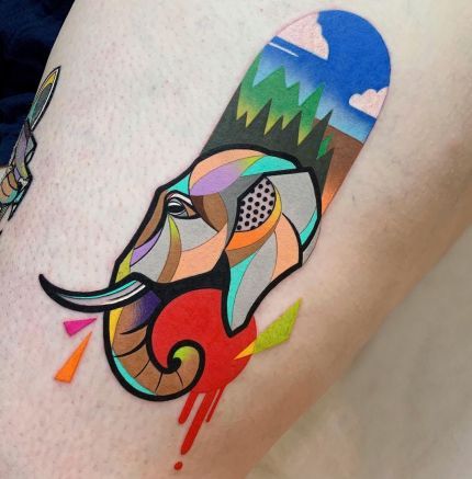 Palette Tattoo, Watercolour Tattoo Men, Colorful Elephant Tattoo, Colorful Owl Tattoo, Colorful Butterfly Tattoo, Portfolio Instagram, Korean Tattoo, Tiki Tattoo, Colored Tattoo Design