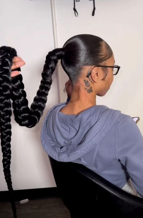 Sleek Back Ponytail Braid, Braided Ponytail With Colored Hair, Ponytail Braid With Extensions, Slick Back Braided Ponytail Weave Dramatic Edges, Braided Ponytail Hairstyles Birthday, Braided Ponytail With Extensions, Extension Braid Ponytail, One Big Braid Ponytail, One Long Braid Ponytail For Black Women