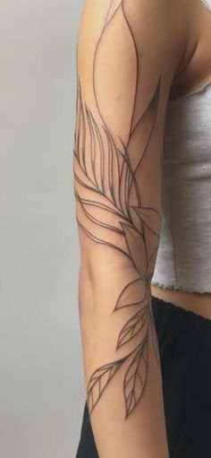 Wrapped Sleeve Tattoo, Shoulder Tattoos For Women Line Work, Plant Arm Band Tattoo, Line Work Tattoo Forearm, Abstract Leg Tattoos Women, Leaf Line Tattoo, Abstract Plant Tattoo, Minimal Sleeve Tattoo, Plant Shoulder Tattoo