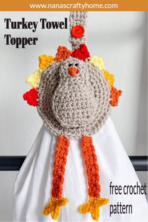 The Turkey Towel Topper is a free crochet pattern by Nana's Crafty Home! So cute, quick and easy! With a hidden craft ring which allows the towel to be removable for easy washing. Great for scraps! Thanksgiving Crochet Patterns, Crochet Turkey, Towel Toppers, Crochet Towel Topper, Thanksgiving Crochet, Fall Crochet Patterns, Turkey Pattern, Crochet Towel, Crochet Fall