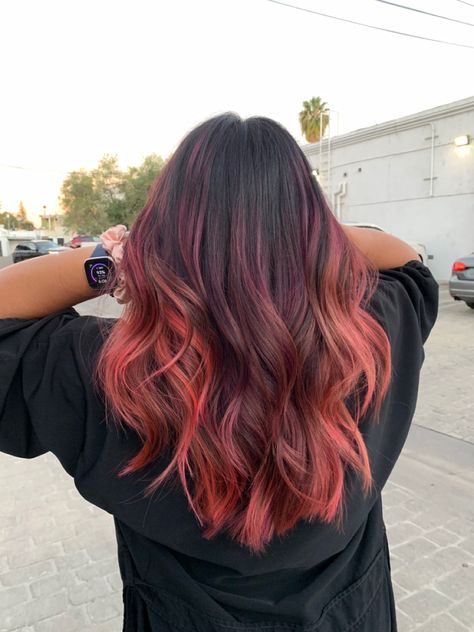 Pink Dyed Hair Ends, Red Dyed Hair Ideas For Brunettes, Ends Dyed Hair, End Of Hair Dyed, Subtle Hair Color For Brunettes, Under Hair Highlights, Pink Ends Hair Brown, Dyed Hair Inspiration For Brunettes, Ends Of Hair Dyed