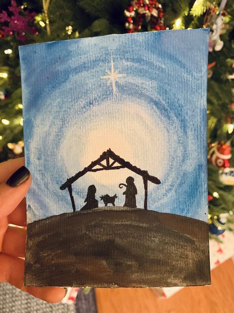 Christmas Card Nativity Scene, Watercolor Christmas Cards Nativity, Christmas Watercolor Nativity, Watercolor Nativity Christmas Cards, Watercolor Manger Scene, Religious Christmas Card Ideas, Painted Christmas Cards Acrylics, Religious Christmas Cards Handmade, Christian Christmas Cards Handmade