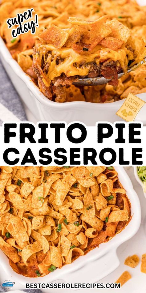 Take the monotony out of Taco Tuesday by serving classic Frito chili pie flavors in fun new oven-baked casserole form loaded generously with crunchy Fritos, chili-spiced beef and beans, salsa and lots of melty cheese. Frito chili pie, hamburger casserole recipes, frito pie. Easy Frito Pie, Frito Casserole, Frito Pie Casserole, Fritos Chili, Freezer Casseroles, Make With Ground Beef, Tex Mex Casserole, Frito Chili, Frito Chili Pie