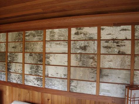 Birch Bark Wall - idea for barn door in the foyer? Birch Bark Wall, Bark Wall, Birch Craft, Rustic Retreat, Cabins And Cottages, Birch Bark, Church Design, Living Wall, Cabins In The Woods