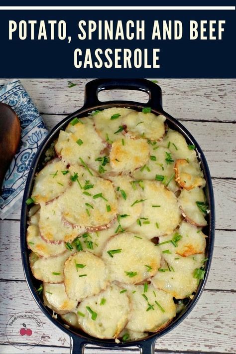 This Potato, Spinach and Beef casserole really is a complete meal in one pot and it's gluten-free! With sliced potatoes, frozen spinach, ground beef and Swiss cheese you get all your food groups in one dish! #casserole #beef #spinach #potato #glutenfree Spinach Potato Casserole, Minnesota Hot Dish, Spinach And Potato Recipes, Ground Beef And Spinach, Casserole Beef, Spinach Potato, Potato Spinach, Spinach Casserole, Ground Beef Casserole Recipes