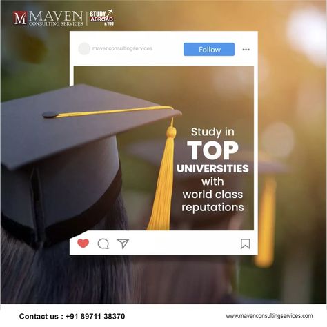 🌍🤩 Dreaming of studying in the best universities with world-class reputations? Let's make it a reality! Boost your future with an education that knows no boundaries! 🎓✨ #StudyGoals #WorldClassEducation Get in touch with us for expert counselling at +91 89711 38370 or visit www.mavenconsultingservices.com For more Information regarding Study Abroad. Law Logos Design, University Marketing, Best Universities, School Creative, Digital Marketing Design, Publicidad Creativa, Graphic Design Ads, Food Graphic Design, An Education