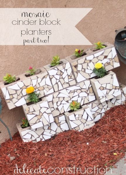 mosaic cinder block planters pt2 mosaic my cinderblock bench Mosaic Cinder Blocks Diy, Mosaic Cinder Blocks, Cinder Block Mosaic, Cinder Block Planters, Cinder Blocks Diy, Cheap Shelves, Landscaping Decor, Mosaic Planters, Concrete Bird Bath