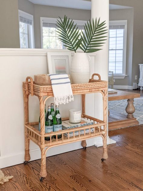 Wicker Bar Cart, Bar Cart Ideas, Rattan Bar Cart, Coastal Decorating Living Room, Cart Ideas, Coastal Dining, Bar Cart Styling, Bar Cart Decor, Coastal Living Room