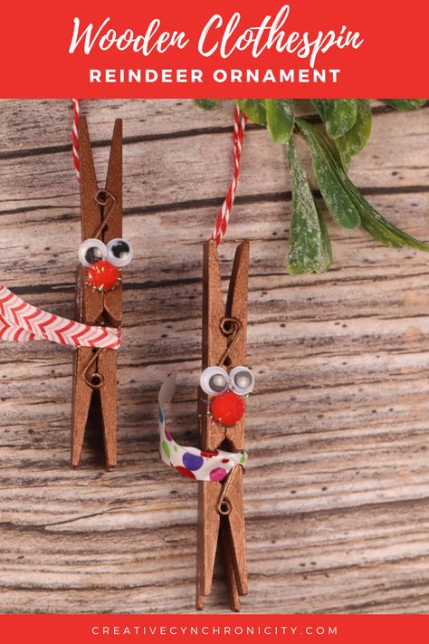 These wooden clothespin Reindeer Ornaments are easy to make and inexpensive, making them the perfect economical Christmas craft to make with your kids or with a group like Scouts/Brownies and classrooms. Use as a gift or attach to a package as a gift topper. Clothespin Reindeer Craft Ornaments, Reindeer Clothespin Ornaments, Clothespin Ornaments Diy, Clothes Pin Christmas Crafts, Jenga Block Ornaments Diy, Clothespin Crafts For Adults, Clothespin Reindeer, Reindeer Clothespin, Clothespin Magnets