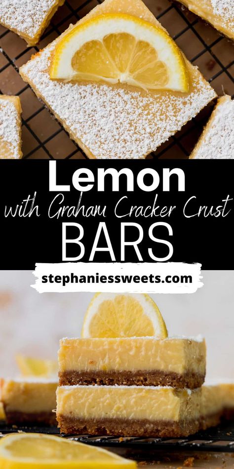 These lemon bars with graham cracker crust are extremely easy to make. These bars are full of fresh lemon flavor, sweetened condensed milk, and has a buttery graham cracker crust. They are topped with powdered sugar. Lemon Bars Graham Cracker Crust, Lemon Bars With Graham Cracker Crust, Condensed Milk Lemon Bars, Sheet Desserts, Bars With Graham Cracker Crust, Creamy Lemon Bars, Baking Summer, Easy Lemon Bars, Homemade Lemon Bars