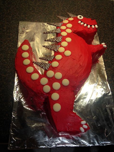 Red T Rex birthday cake - template fits 9" circular cake tin. T Rex Cake, Dinosaur Birthday Cake, Red Dinosaur, Savory Cakes, Dino Cake, Dinosaur Birthday Cakes, Cake Templates, Dinosaur Cake, Dino Birthday