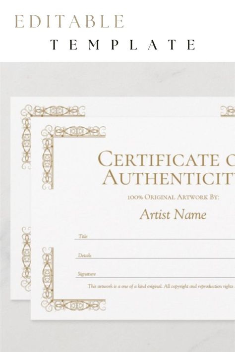 Gold Border Design, Editable Certificates, Gold Border, Certificate Of Authenticity, Artist Names, Border Design, Antique Gold, Texts, Original Artwork