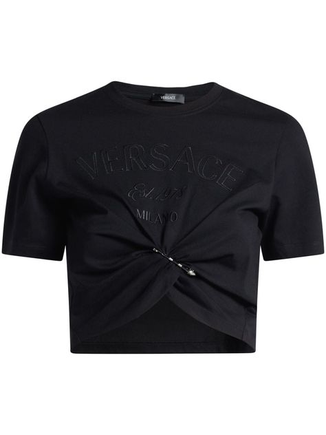 Versace Milano Stamp-embroidered Crop Top - Farfetch Versace Clothes Women, Versace Crop Top, Versace Clothes, Chloe 2024, Versace Clothing, Black Cropped Top, Versace Top, Versace T Shirt, Black Shirts Women