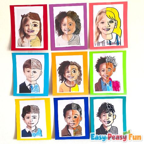 Different Self Portrait Ideas, Kindergarten Family Portrait Art, Craft With Student Picture, Kindergarten Self Portraits Template, Self Portrait Prompts, Self Portrait Art Project, Split Face Self Portrait, All About Me Art Projects, Self Portrait Art For Kids