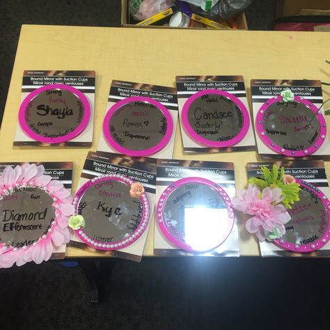 Mirror Check! A great activity to keep your sisters motivated. Have each Soror write their name in the middle of their mirror then pass them around and have everyone else write  a positive adjective about the Soror or inspirational quote. This is a great activity for chapter retreats. Supplies needed: mirrors, sharpies, pearls, gemstones, and flowers (most materials can be purchased at the Dollar Store). Sisterly Relations Activities Aka, Chapter Retreat Ideas, Sorority Retreat Ideas, Sorority Bonding Activities, Sorority Activities, Sisterhood Activities, Sorority Retreat, Sisterhood Ideas, Sisterhood Events