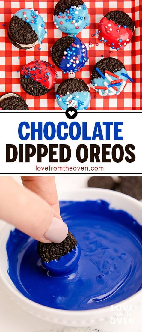 Chocolate Dipped Oreos • Love From The Oven Oreo Cookie Decorating Ideas, Half Dipped Oreos, Flag Desserts, Chocolate Chip Dip, Strawberry Ideas, Oreo Ice Cream Cake, Love From The Oven, Baker Baker, July Desserts