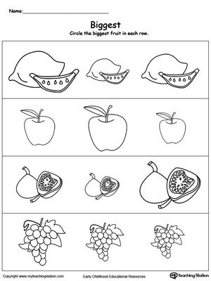 Biggest Worksheet: Identify the Biggest Fruit: Help your preschooler learn and practice the concept of big, bigger, and biggest with this printable math worksheet. Bigger And Smaller Worksheets, Biggest To Smallest Preschool Activities, Big And Small Worksheets Kindergarten, Big Bigger Biggest Worksheet, Small To Big Worksheet, Big Bigger Biggest Activities, Nursery Worksheets, Preschool Math Worksheets, Free Preschool Worksheets